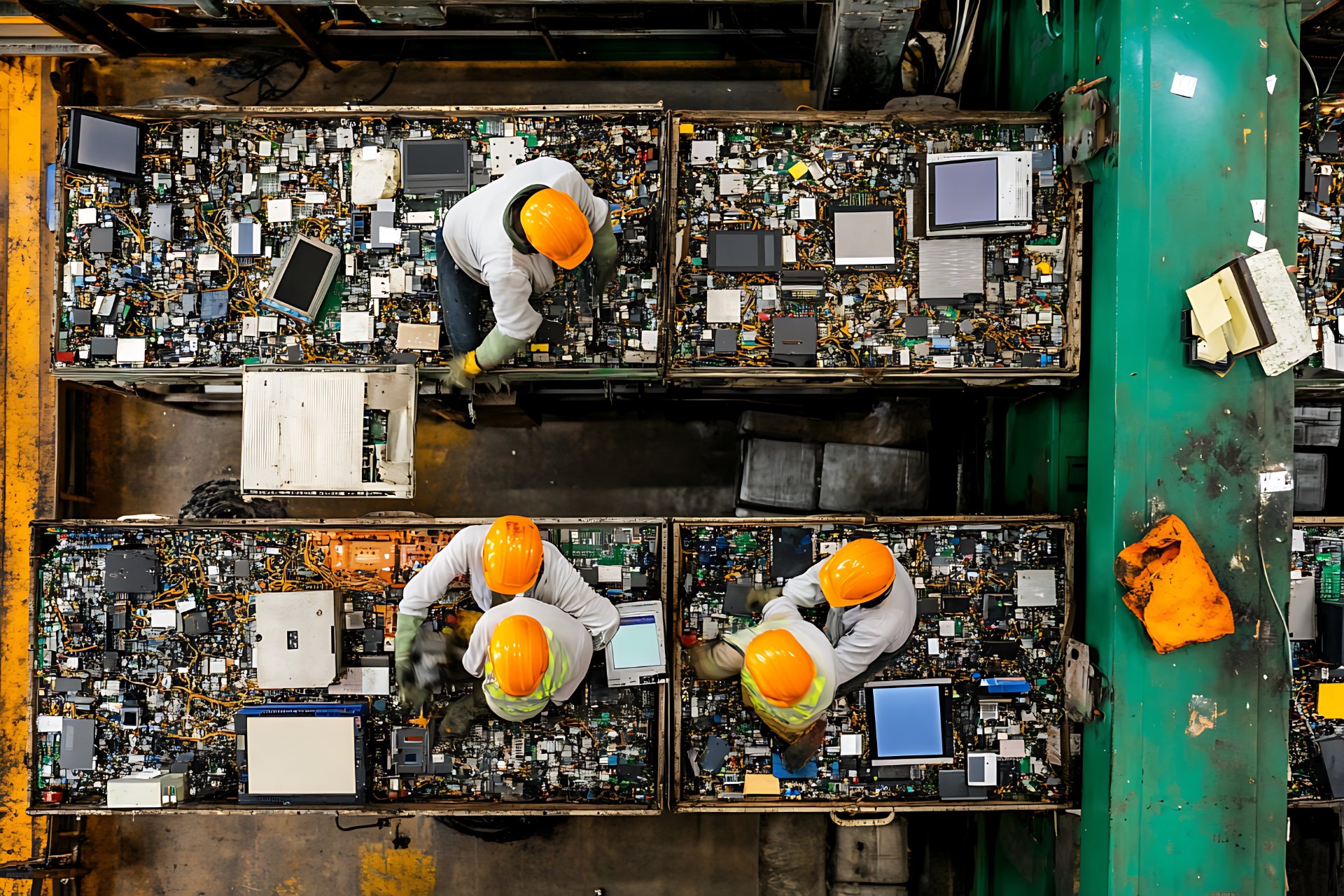 Workers in hard hats sorting electronic waste at a recycling facility